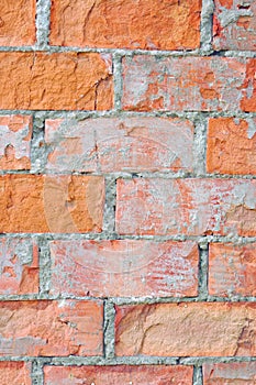 Bright red brick wall texture macro closeup, old aged detailed rough grunge cracked textured bricks copy space background vertical