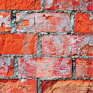 Bright red brick wall texture macro closeup, old detailed rough grunge cracked textured bricks copy space background, grungy