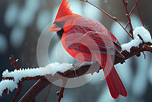 Bright Red Cardinal Bird on Tree Branch - Generative AI