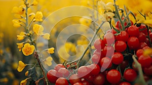 Bright red cherry tomatoes contrast with vivid yellow flowers in a colorful close-up, emphasizing nature\'s vibrant palette