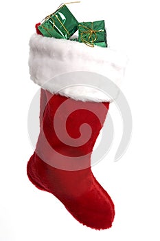 Bright red Christmas stocking with presents photo