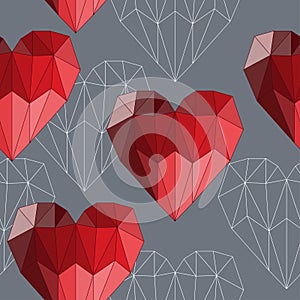 Bright red colored geometric abstract polygonal hearts seamless pattern background for use in design for valentines day or wedding