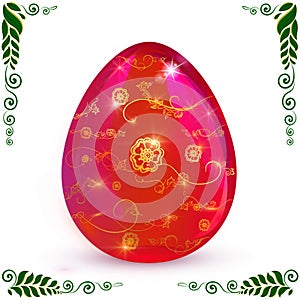 Bright red Easter egg decorated with gold pattern