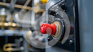 A bright red emergency shutoff button prominent on the side of the compressor for quick access photo