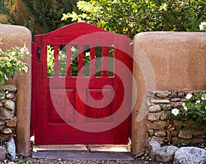 Bright Red Garden Gate Neat Canyon Road, Santa Fe, New Mexico