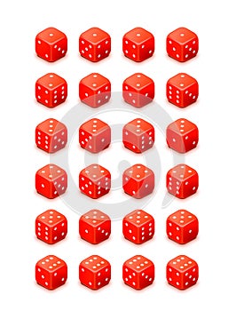 Bright red glossy game cubes isolated on white background, all possible 3d dice turns for casino in isometric view