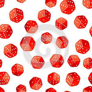 Bright red glossy game dice, casino seamless pattern on white