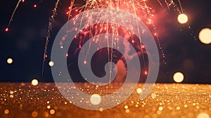 Bright red and gold fireworks exploding in the night sky with bokeh lights in the foreground