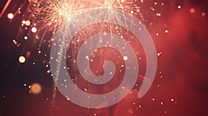 Bright red and gold fireworks exploding in the night sky with sparkling light trails