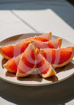 Bright Red Grapefruit Slices on a Plate in Sunlight