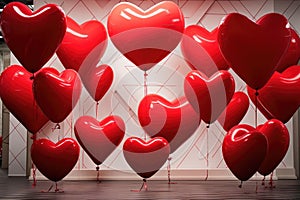 Bright red heart balloons, in a cluster, gently gliding through the sky, creating a joyful atmosphere, Sharp geometry contrasting