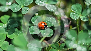 Bright Red Ladybug with Black Spots on Clover Leaf with Raindrops