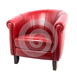 Bright Red leather Armchair isolated on white with a drop shadow.