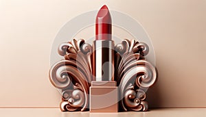 Bright red lipstick with bronze ornamental design on a beige background. AI Generated