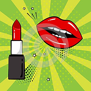 Bright red lipstick. Pomade and female lips. Vector illustration in pop art style