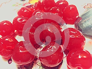 Bright Red Maraschino Cherries Close Up Ready For Baking