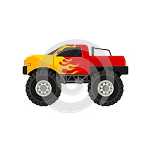 Bright red monster truck with yellow flame decal. Heave car with large tires and black tinted windows. Flat vector icon