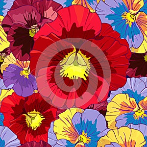 Bright red and orange flowers of pansy on a dark burgundy background. Seamless vector pattern