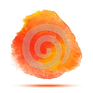 Bright red - orange watercolor vector circle stain on white background with realistic paper watercolor texture.