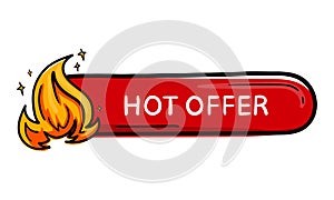 Bright Red Oval Sticker Button For Design Doodle Hand Drawn With Fire Icon And Text Hot Offer