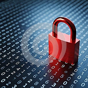 Red padlock securing digital data on binary code background