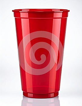 Bright Red Plastic Cup Isolated Against White Background Reflective Surface
