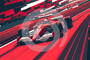 bright red racing car races through stadium for formula one racing, generative ai