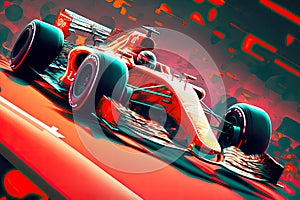 bright red racing car races through stadium for formula one racing, generative ai