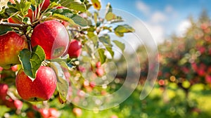 Bright red ripe apples on a tree branch in a summer garden