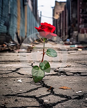 Bright red rose with its shiny leaves growing in the cracks of an old dilapidated road.