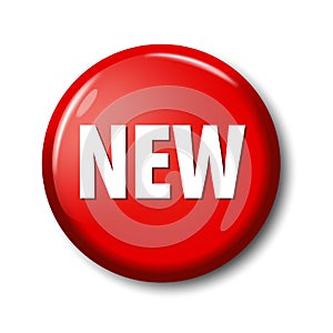 Bright red round button with word `New`
