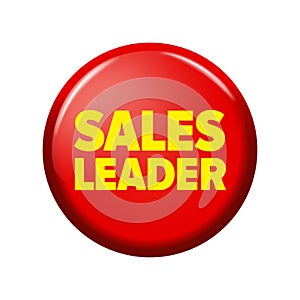 Bright red round button with word `Sales leader`