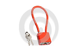 Bright red security cable lock with two metal keys, isolated on white back
