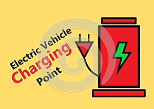 A bright red simple symbol shape sign of an electrical vehicle charging point light golden yellow backdrop