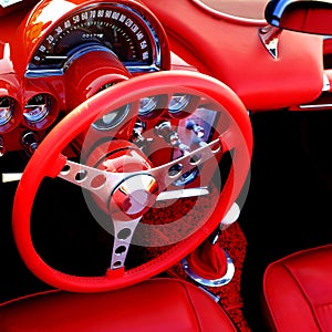 Bright Red Sports Car Interior Steering Wheel