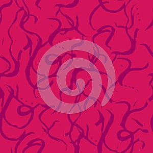 Bright red spychedelic seamless pattern, chaotic lines and curls. Scarlet background with abstract purple elements