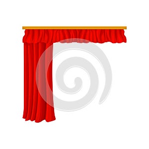 Bright red velour or velvet curtains with lambrequin for theater stage. Decorative flat vector element for poster