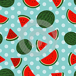 Bright red watermelon full and slices turquoise blue polka dots background seamless pattern