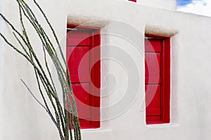 Bright red window shutters on a white adobe building with green cactus in Alpine, Texas