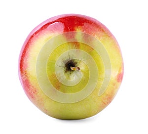 Bright red-yellow apple, on a white background. Juicy, nutritious, tasty, bright fruit. A healthful breakfast.