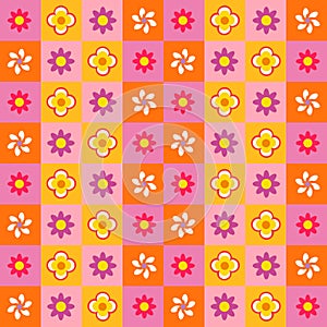 Bright retro pattern with flowers. Hippie style 70s and 80s.