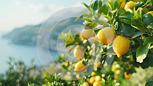 Bright ripe lemons on the tree on the background of the Mediterranean city, sea coast surrounded by green mountains.