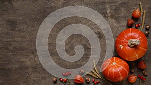 Bright ripe orange pumpkin, spikelets, red rose hips, orange fezalis and acorns on old brown wooden background, top view, flat lay