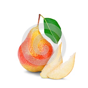 A bright ripe pear with a green leaf and pieces lying next to it on a white isolated background