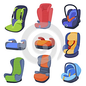 Bright road child seats from newborn to adolescent set isometric vector illustration