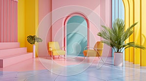 Bright room with armchairs, pink and yellow