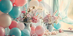 Bright room decorated with balloons and flowers. Natural warm light. Holiday banner background. Copy space. AI