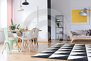 Bright room with geometric carpet
