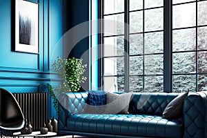 bright room with home interior blue with leather sofa near large window