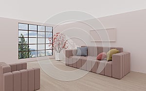 Bright room with a modern minimalist design. 3D illustration. Render